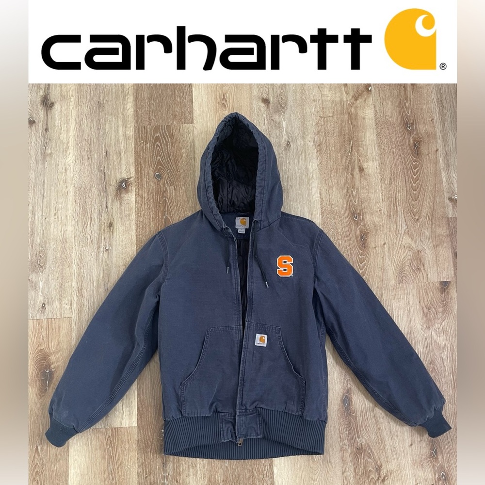 VTG Carhartt Embroidered Duck Lined Thermal Hooded Navy Blue Canvas Coat S